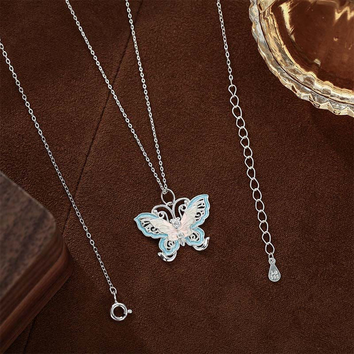 Buddha Stones Collier pendentif papillon en argent sterling 999 émaillé bleu, symbole de protection - image 1