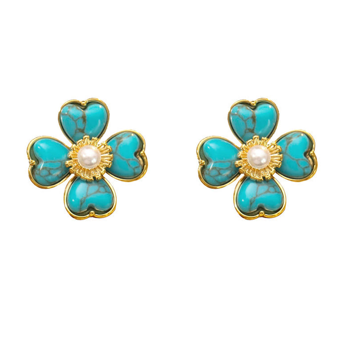 Buddha Stones Boucles d'oreilles puces en cuivre turquoise en forme de cœur et de fleur, style guérisseur - image 5