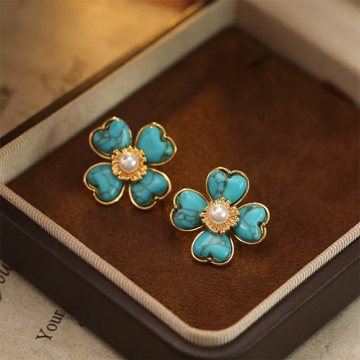 Buddha Stones Boucles d'oreilles puces en cuivre turquoise en forme de cœur et de fleur, style guérisseur - image 4