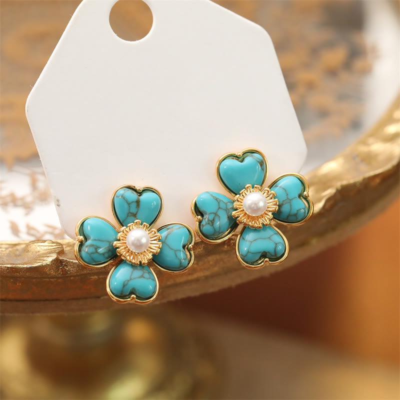 Buddha Stones Boucles d'oreilles puces en cuivre turquoise en forme de cœur et de fleur, style guérisseur - Turquoise (synthétique) (tiges en argent sterling 925) - image 0