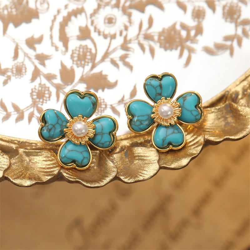 Buddha Stones Boucles d'oreilles puces en cuivre turquoise en forme de cœur et de fleur, style guérisseur - image 1