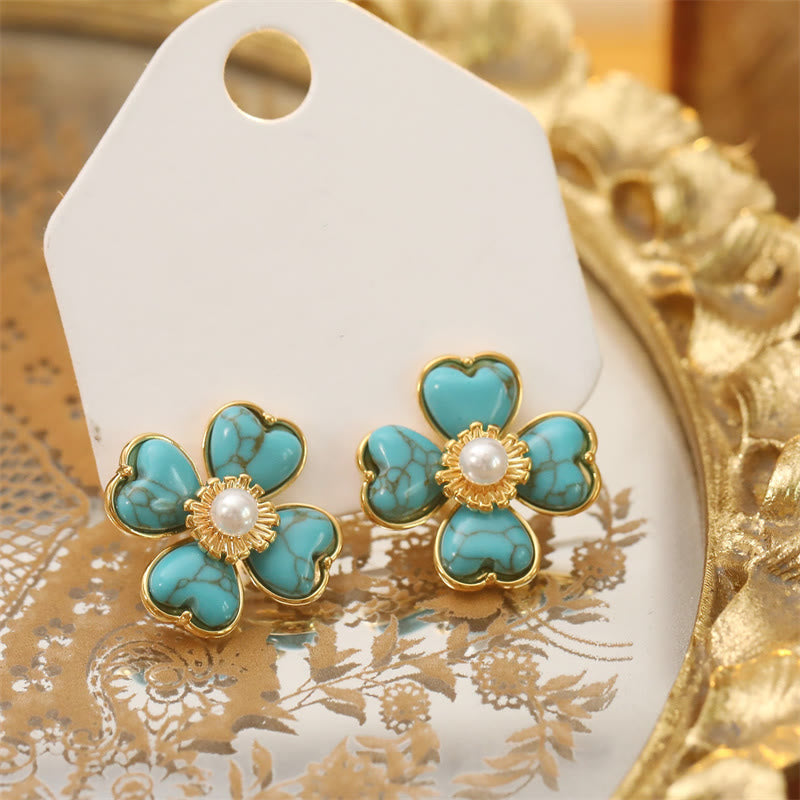 Buddha Stones Boucles d'oreilles puces en cuivre turquoise en forme de cœur et de fleur, style guérisseur - image 3