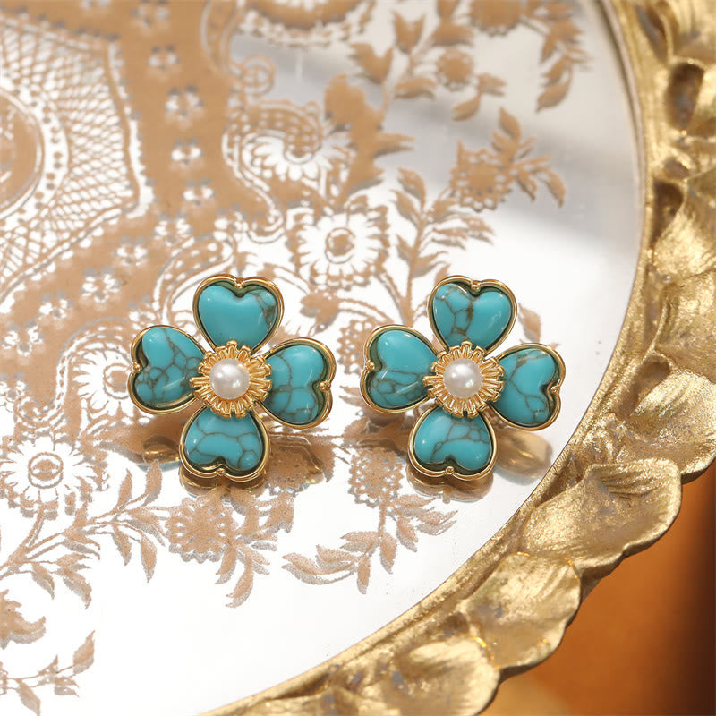 Buddha Stones Boucles d'oreilles puces en cuivre turquoise en forme de cœur et de fleur, style guérisseur - image 2