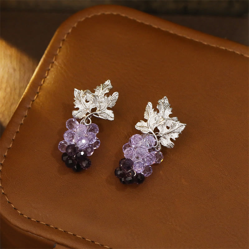 Buddha Stones Boucles d'oreilles puces en cuivre avec feuilles de vigne violettes, symbole de richesse - image 1