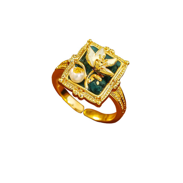 Buddha Stones Bague de richesse en cuivre et perle, peinte à l'huile vintage, représentant une fleur de lotus. - image 7
