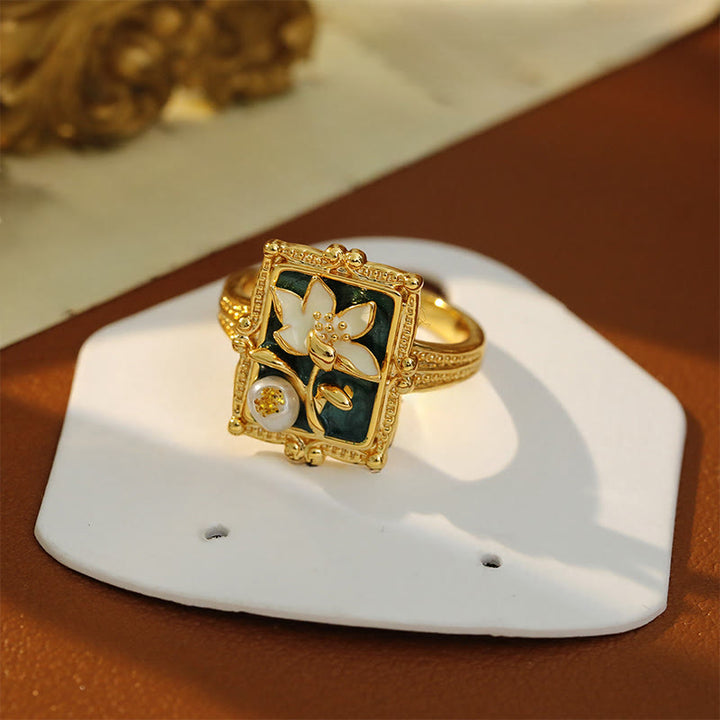 Buddha Stones Bague de richesse en cuivre et perle, peinte à l'huile vintage, représentant une fleur de lotus. - image 4