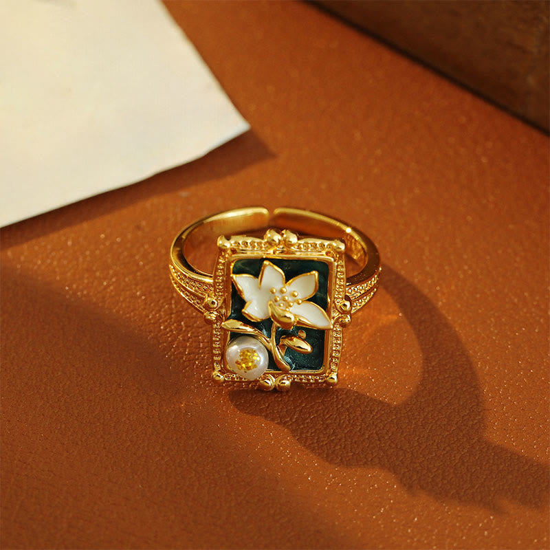 Buddha Stones Bague de richesse en cuivre et perle, peinte à l'huile vintage, représentant une fleur de lotus. - image 3