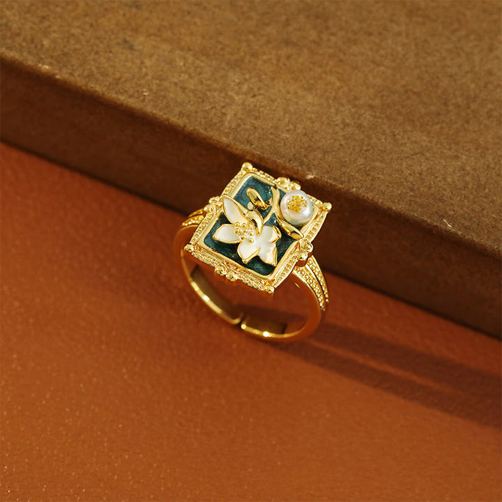 Buddha Stones Bague de richesse en cuivre et perle, peinte à l'huile vintage, représentant une fleur de lotus. - image 6