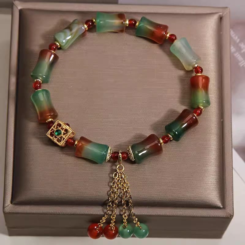 Buddha Stones Bracelet courageux en perles de bambou et agate paon colorée, pompon - image 1