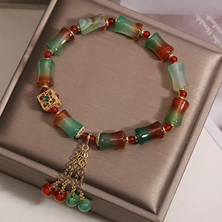 Buddha Stones Bracelet courageux en perles de bambou et agate paon colorée, pompon - image 2