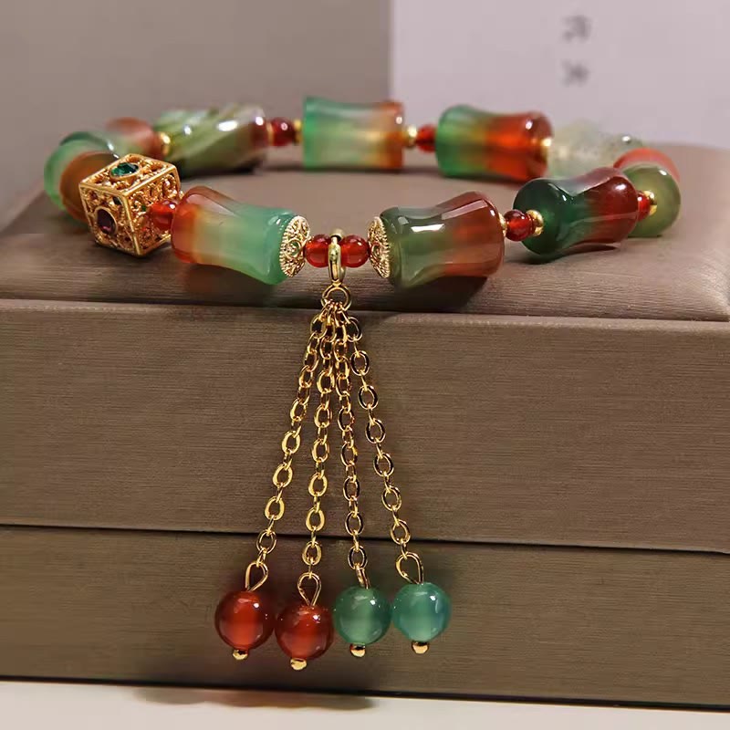 Buddha Stones Bracelet courageux en perles de bambou et agate paon colorée, pompon - image 5