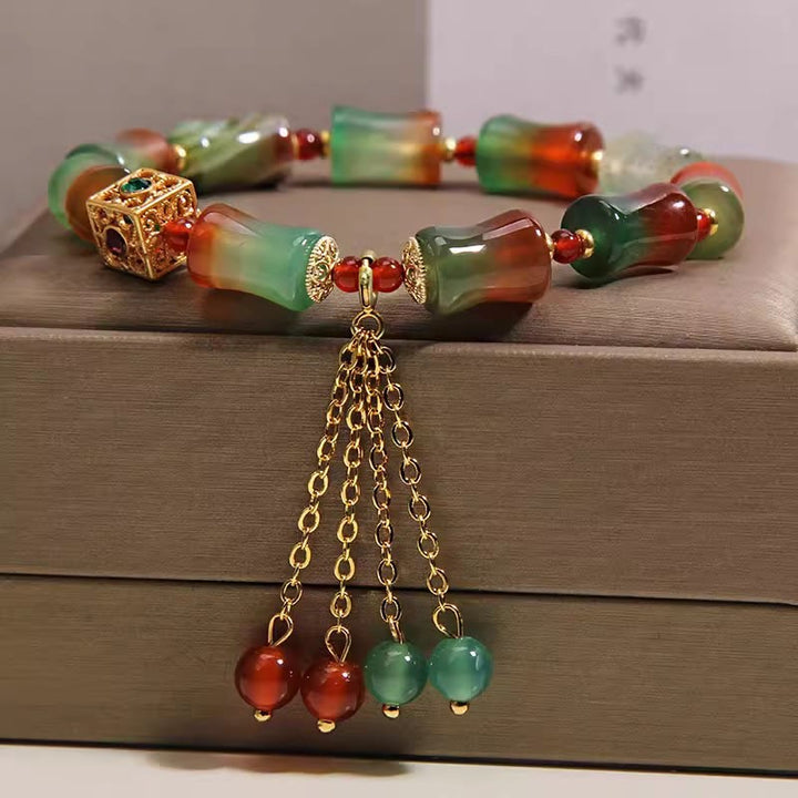 Buddha Stones Bracelet courageux en perles de bambou et agate paon colorée, pompon - image 5