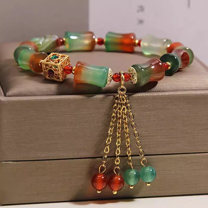 Buddha Stones Bracelet courageux en perles de bambou et agate paon colorée, pompon - image 4
