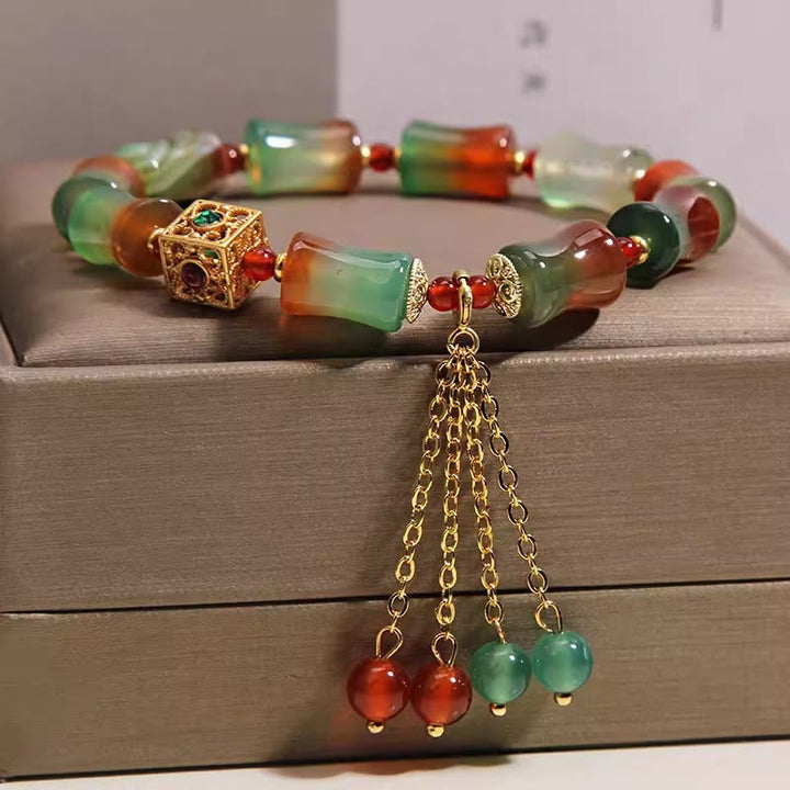 Buddha Stones Bracelet courageux en perles de bambou et agate paon colorée, pompon - image 4