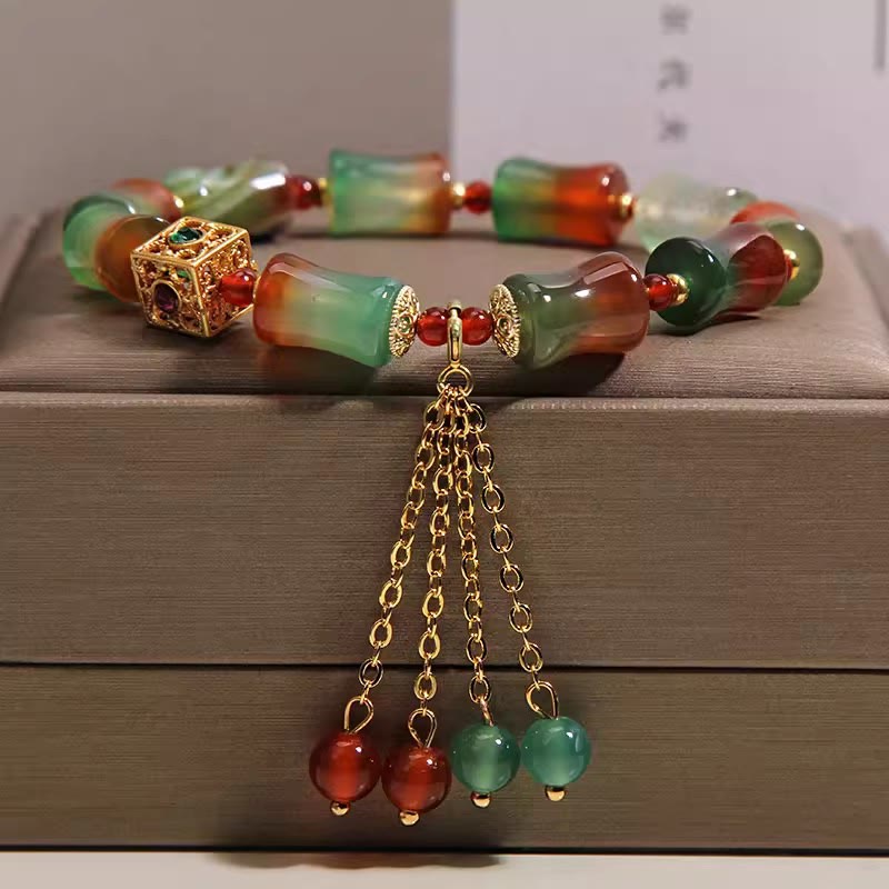 Buddha Stones Bracelet courageux en perles de bambou et agate paon colorée, pompon - Agate Paon (Tour de poignet 14-16 cm) - image 0