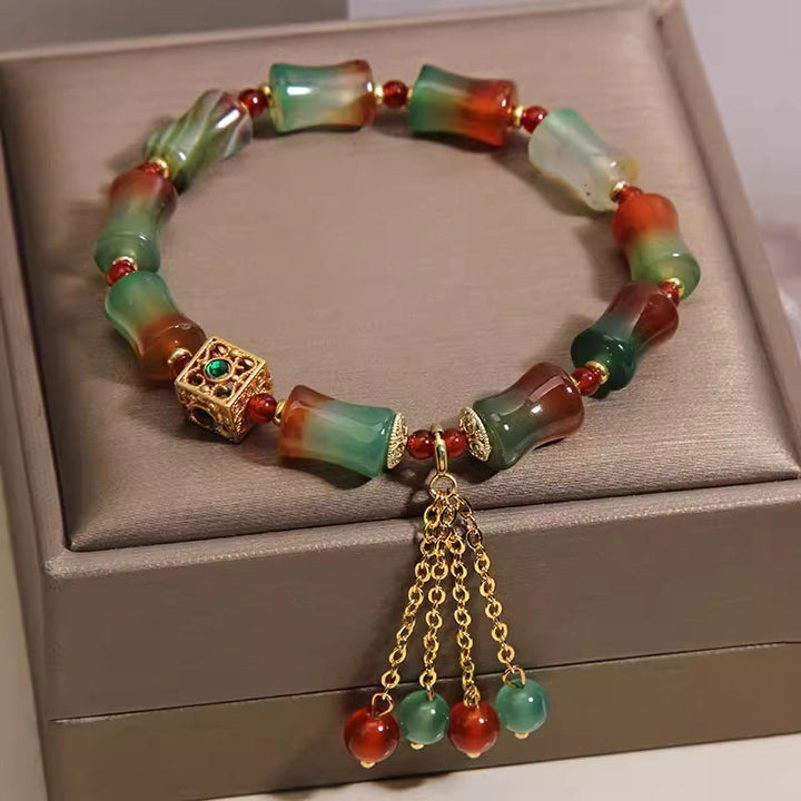 Buddha Stones Bracelet courageux en perles de bambou et agate paon colorée, pompon - image 3
