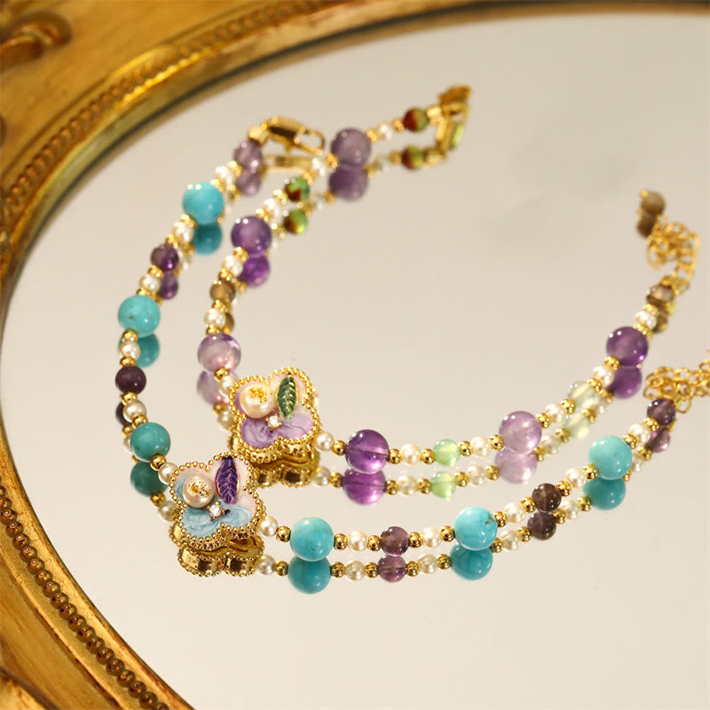 Buddha Stones Bracelet en cuivre avec perles turquoise, motif floral et chaîne porte-bonheur, orné de perles et de fleurs. - image 6