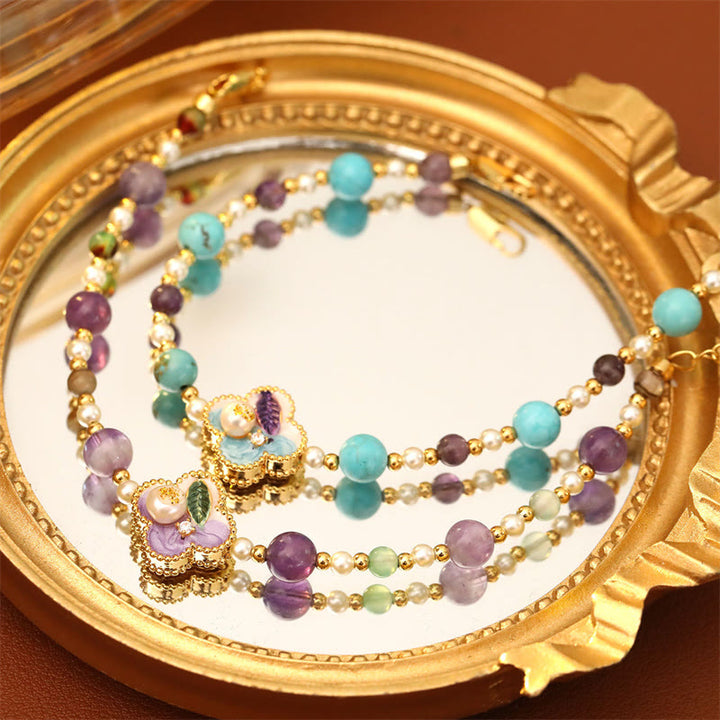 Buddha Stones Bracelet en cuivre avec perles turquoise, motif floral et chaîne porte-bonheur, orné de perles et de fleurs. - image 7