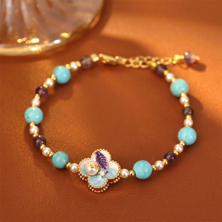 Buddha Stones Bracelet en cuivre avec perles turquoise, motif floral et chaîne porte-bonheur, orné de perles et de fleurs. - image 5