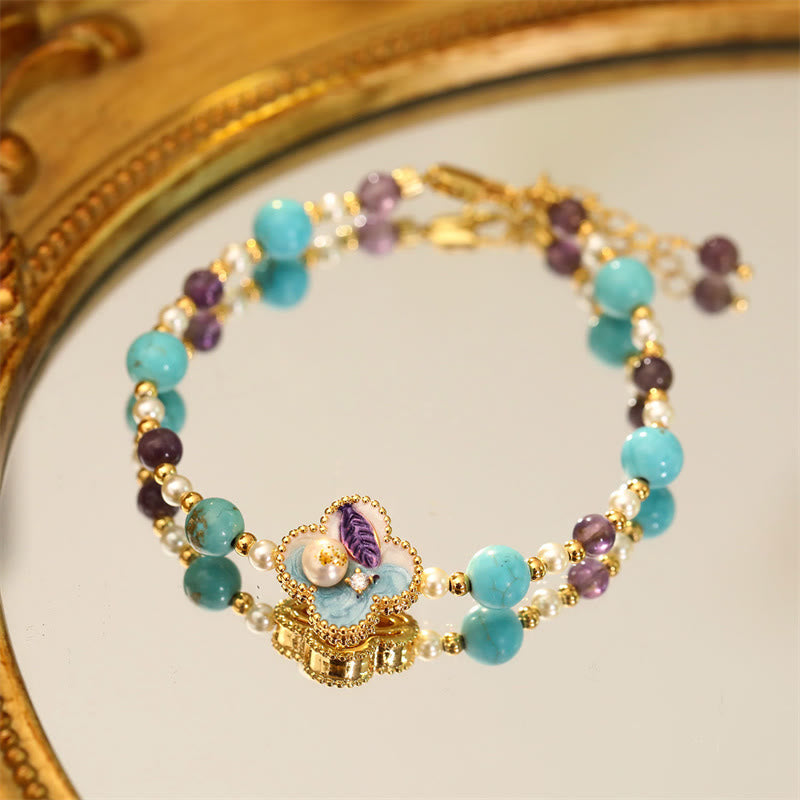 Buddha Stones Bracelet en cuivre avec perles turquoise, motif floral et chaîne porte-bonheur, orné de perles et de fleurs. - Perle bleue (Perle naturelle irrégulière et unique) (Tour de poignet : 14-16 cm) - image 4