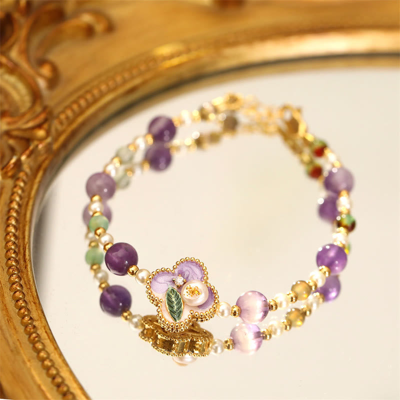 Buddha Stones Bracelet en cuivre avec perles turquoise, motif floral et chaîne porte-bonheur, orné de perles et de fleurs. - Perle violette (perle naturelle irrégulière et unique) (Tour de poignet : 14-16 cm) - image 0