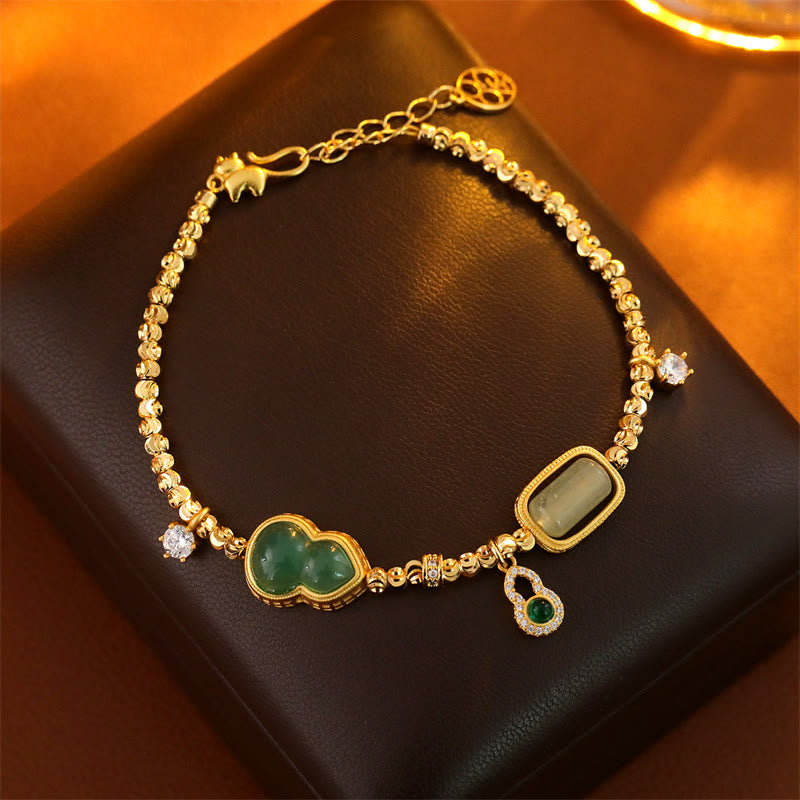 Buddha Stones Bracelet à maillons en agate verte, zircon et cuivre, orné d'une chaînette de soutien. - Gourde (Tour de poignet : 14-17 cm) - image 0