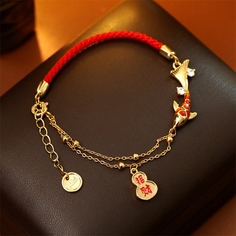 Buddha Stones Bracelet porte-bonheur en cordon rouge avec pendentif en forme de calebasse et carpe koï, symbole de richesse - image 1