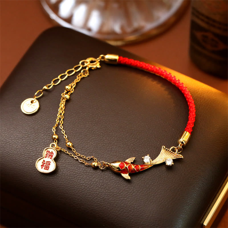 Buddha Stones Bracelet porte-bonheur en cordon rouge avec pendentif en forme de calebasse et carpe koï, symbole de richesse - image 2
