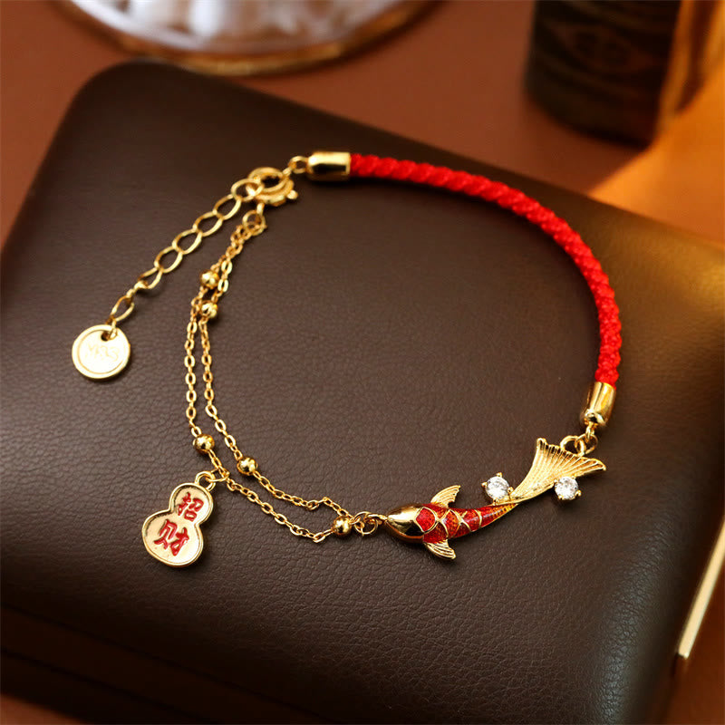 Buddha Stones Bracelet porte-bonheur en cordon rouge avec pendentif en forme de calebasse et carpe koï, symbole de richesse - Poisson Koi (Tour de poignet : 14-17 cm) - image 0
