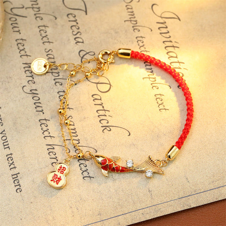 Buddha Stones Bracelet porte-bonheur en cordon rouge avec pendentif en forme de calebasse et carpe koï, symbole de richesse - image 3