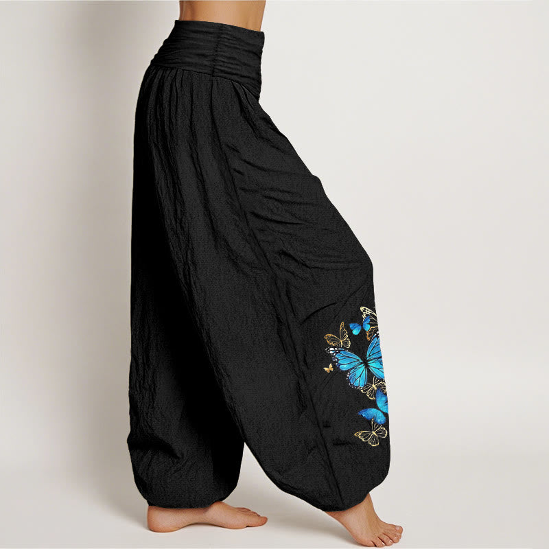 Buddha Stones Pantalon harem à taille élastique et motif papillon en coton pour femme - image 1