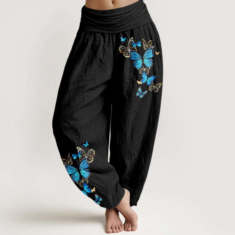 Buddha Stones Pantalon harem à taille élastique et motif papillon en coton pour femme - Noir - US16，UK/AU20，EU48 (3XL) - image 0
