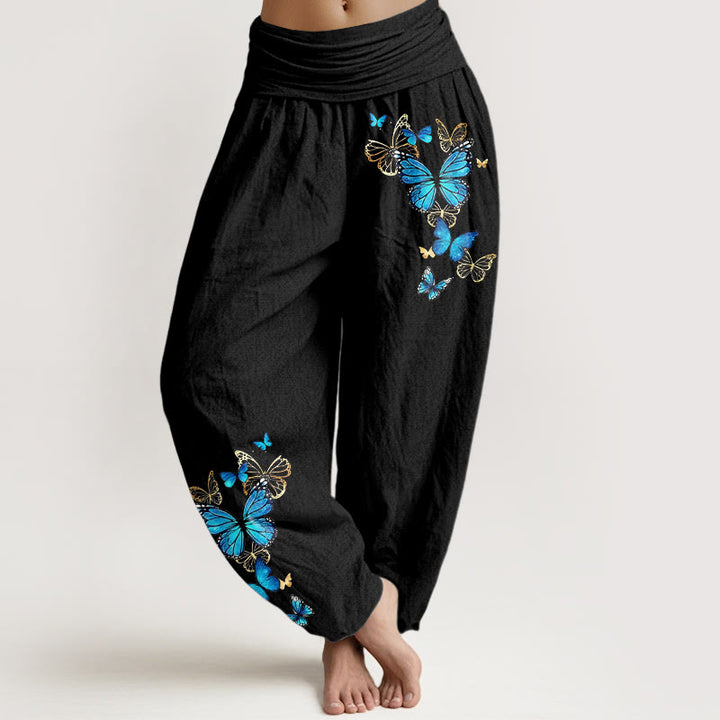 Buddha Stones Pantalon harem à taille élastique et motif papillon en coton pour femme - Noir - US16，UK/AU20，EU48 (3XL) - image 0