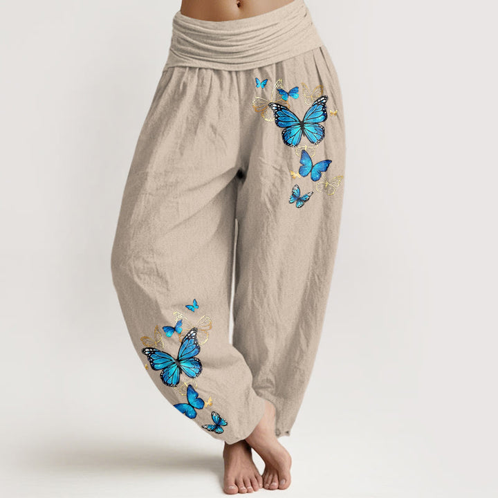Buddha Stones Pantalon harem à taille élastique et motif papillon en coton pour femme - Tanné - US16，UK/AU20，EU48 (3XL) - image 11