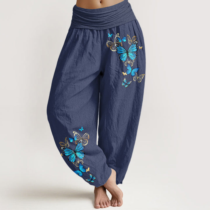 Buddha Stones Pantalon harem à taille élastique et motif papillon en coton pour femme - Bleu ardoise foncé - US16，UK/AU20，EU48 (3XL) - image 5