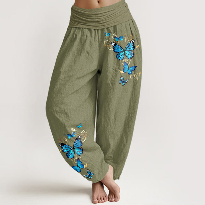 Buddha Stones Pantalon harem à taille élastique et motif papillon en coton pour femme - Vert olive - US16，UK/AU20，EU48 (3XL) - image 14