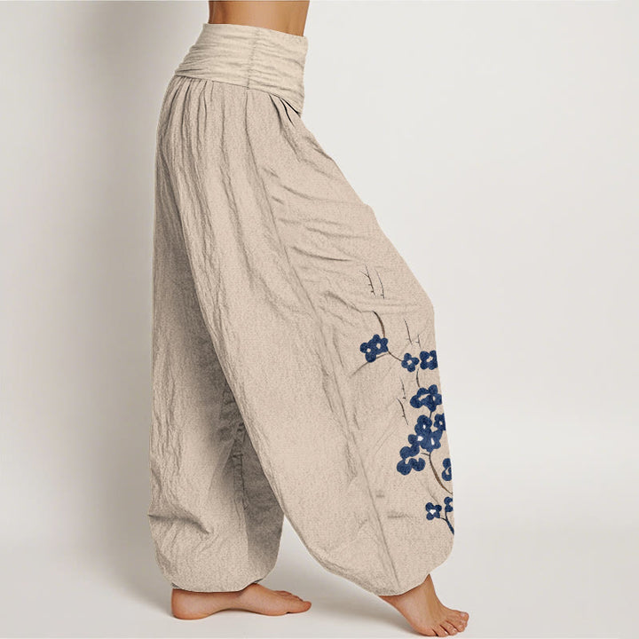 Buddha Stones Pantalon harem à taille élastique pour femme, motif calligraphique prune, en coton. - image 1