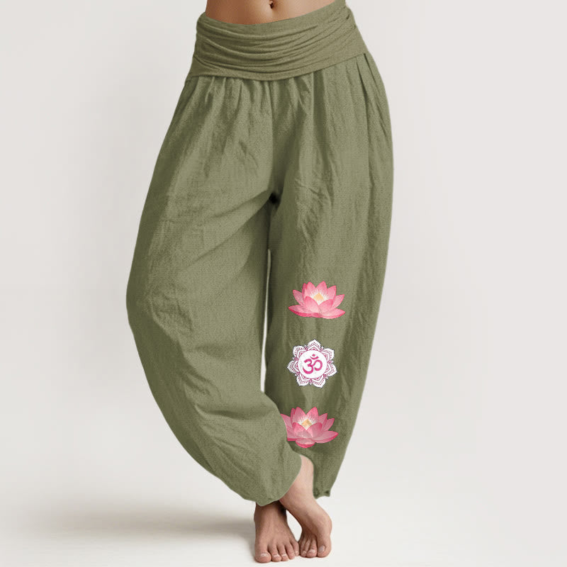 Buddha Stones Pantalon harem à taille élastique pour femme, motif fleur de lotus Om en coton - Vert olive - US16，UK/AU20，EU48 (3XL) - image 14