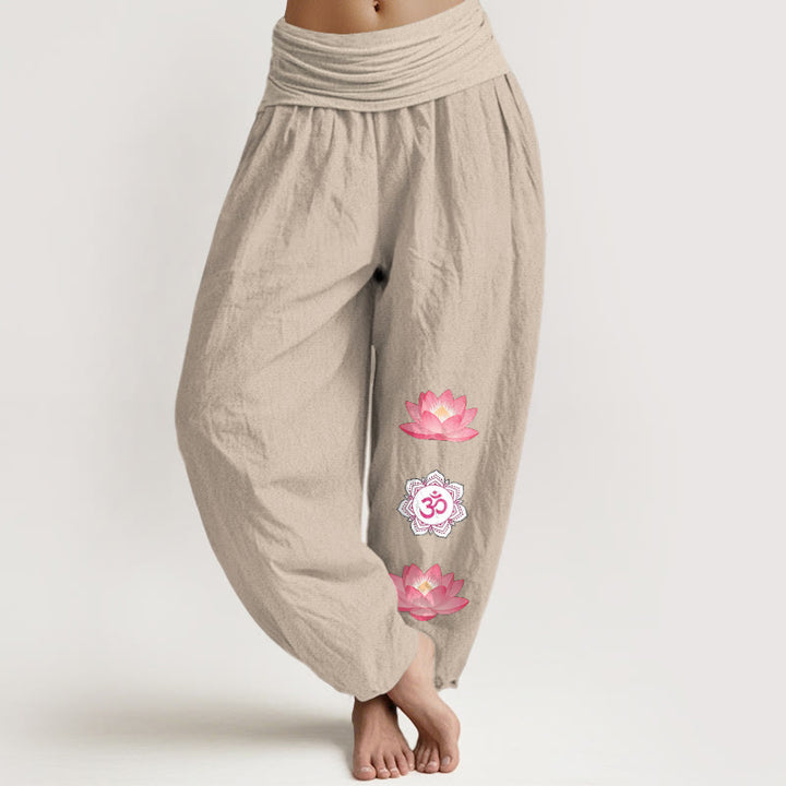 Buddha Stones Pantalon harem à taille élastique pour femme, motif fleur de lotus Om en coton - Tanné - US16，UK/AU20，EU48 (3XL) - image 11