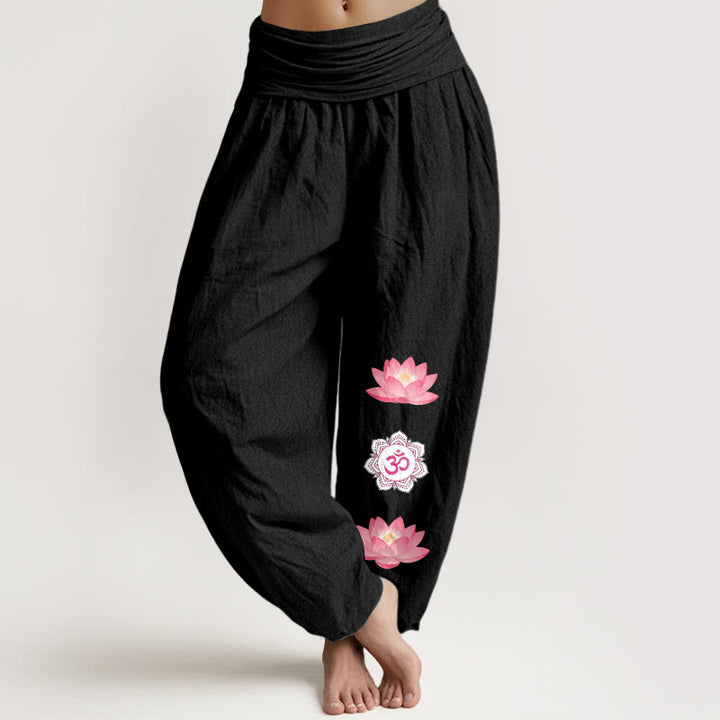 Buddha Stones Pantalon harem à taille élastique pour femme, motif fleur de lotus Om en coton - Noir - US16，UK/AU20，EU48 (3XL) - image 5