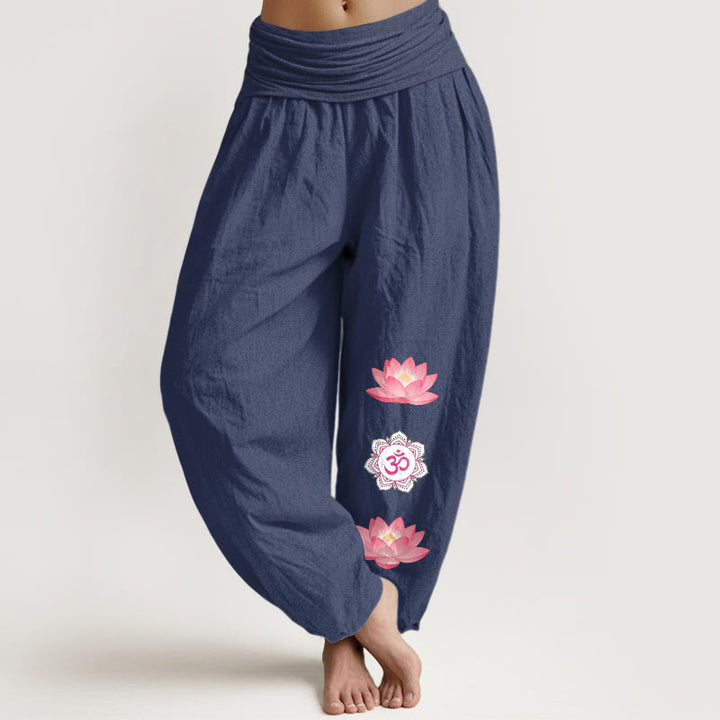 Buddha Stones Pantalon harem à taille élastique pour femme, motif fleur de lotus Om en coton - Bleu ardoise foncé - US16，UK/AU20，EU48 (3XL) - image 0