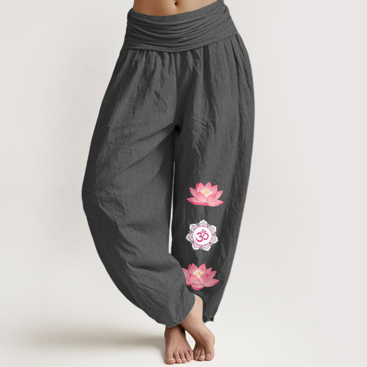 Buddha Stones Pantalon harem à taille élastique pour femme, motif fleur de lotus Om en coton - Gris sombre - US16，UK/AU20，EU48 (3XL) - image 8