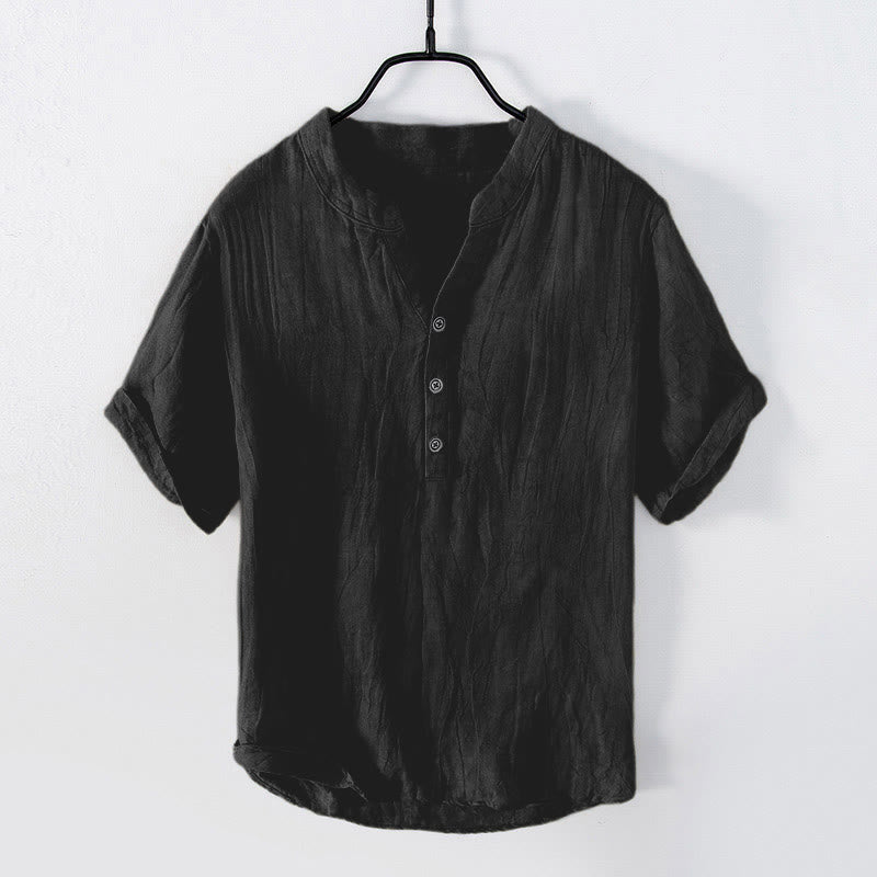 Chemise à manches courtes et demi-bouton en Coton et lin de couleur unie Buddha Stones pour hommes - manches courtes - Noir - US/UK/AU50，EU60 (5XL) - image 21