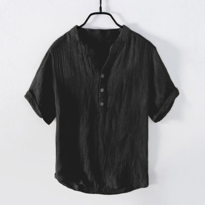 Chemise à manches courtes et demi-bouton en Coton et lin de couleur unie Buddha Stones pour hommes - manches courtes - Noir - US/UK/AU50，EU60 (5XL) - image 21