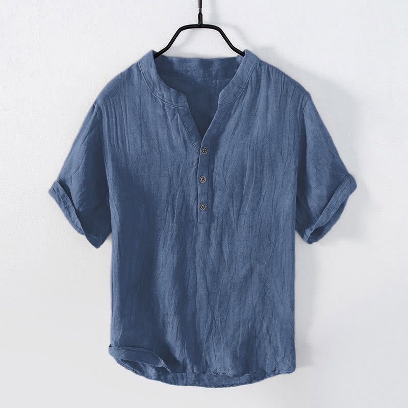 Chemise à manches courtes et demi-bouton en Coton et lin de couleur unie Buddha Stones pour hommes - manches courtes - SteelBlue - US/UK/AU50，EU60 (5XL) - image 23