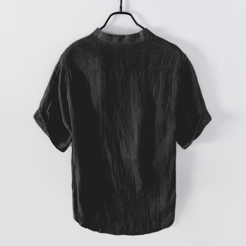 Chemise à manches courtes et demi-bouton en Coton et lin de couleur unie Buddha Stones pour hommes - image 22