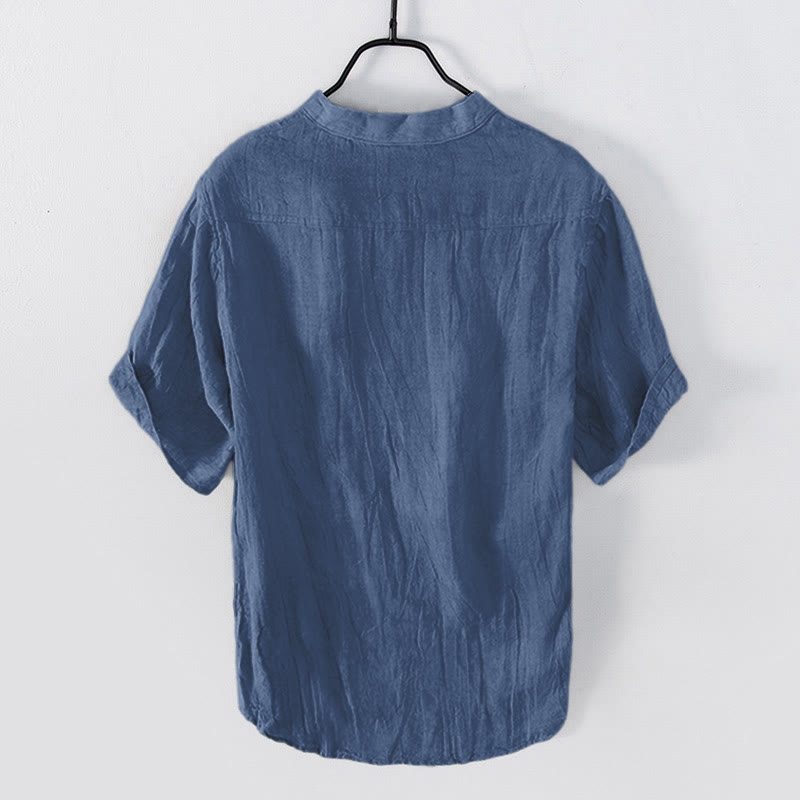 Chemise à manches courtes et demi-bouton en Coton et lin de couleur unie Buddha Stones pour hommes - image 24