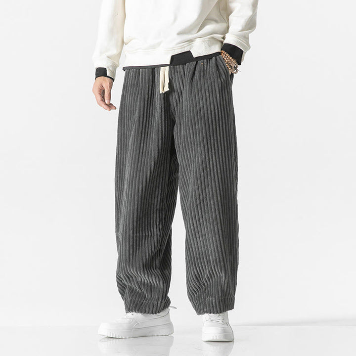 Pantalon sarouel en velours côtelé avec cordon de serrage et poches pour homme, style rétro hiver, couleur unie, motif Buddha Stones - Gris - US/UK/AU50，EU60 (5XL) - image 0