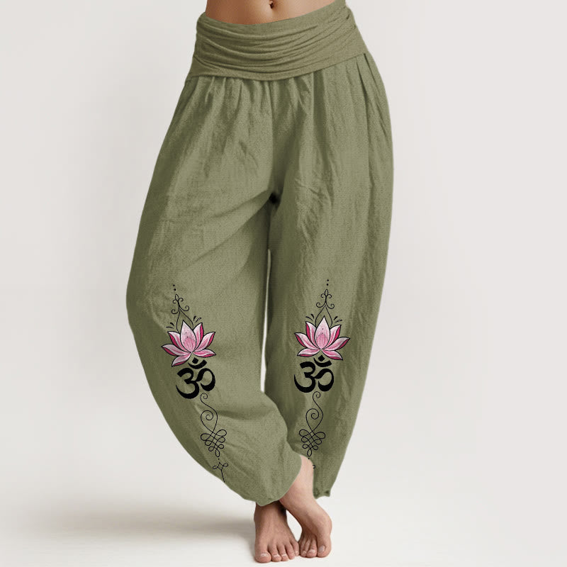 Buddha Stones Pantalon harem pour femme en coton à motif de fleur de lotus et inscription OM Sanskrit Design, taille élastique - Vert olive - US16，UK/AU20，EU48 (3XL) - image 0