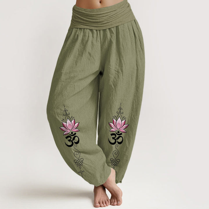 Buddha Stones Pantalon harem pour femme en coton à motif de fleur de lotus et inscription OM Sanskrit Design, taille élastique - Vert olive - US16，UK/AU20，EU48 (3XL) - image 0